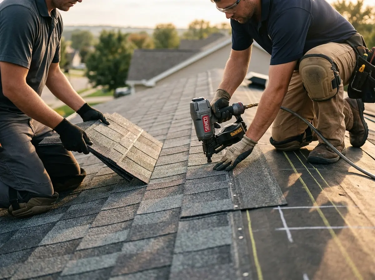 Professional roofer working on a residential roof in Airmont